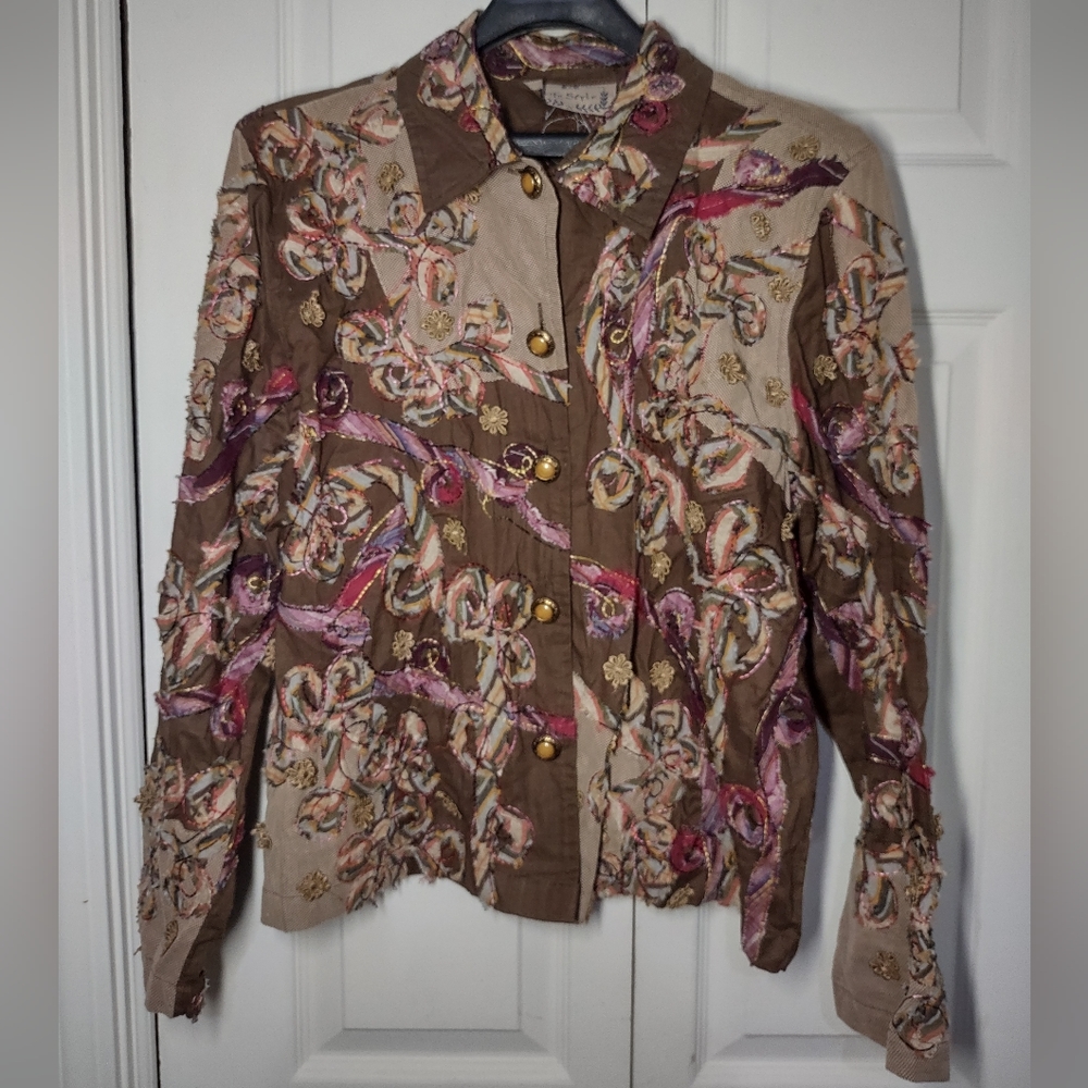 Floral Button Up Down Blouse Shirt Top Jacket Texture Life Style L 100% Cotton